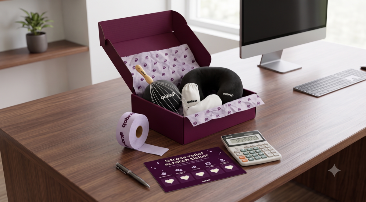 Qobra Commission Relaxation Kit — a burgundy gift box on a desk with a neck pillow, scalp massager, eye mask and stress-relief scratch ticket